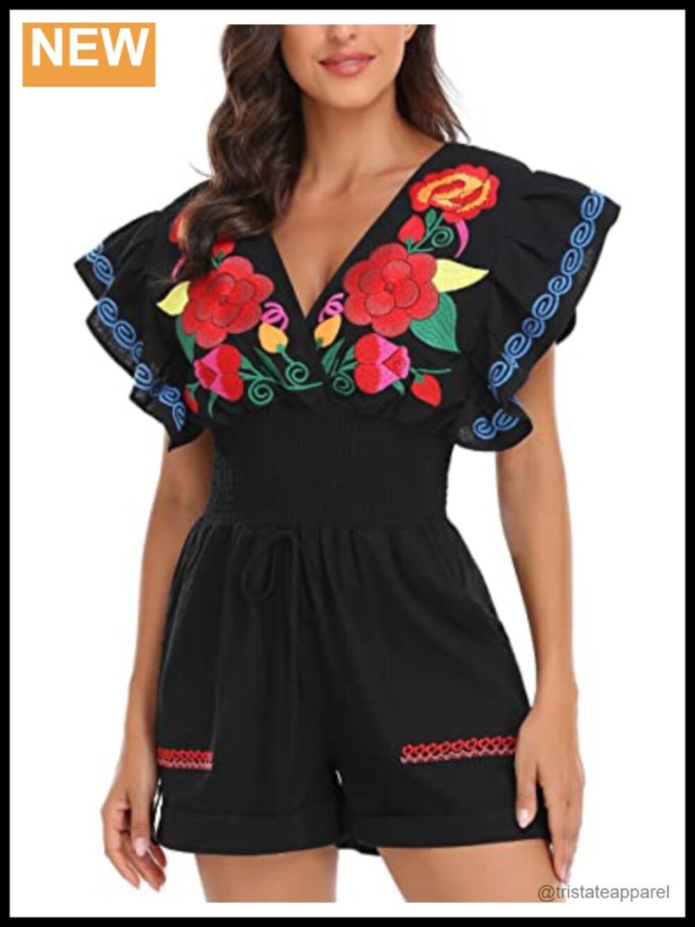 Boho Floral Embroidered Romper V Neck Sunflower Jumpsuit
